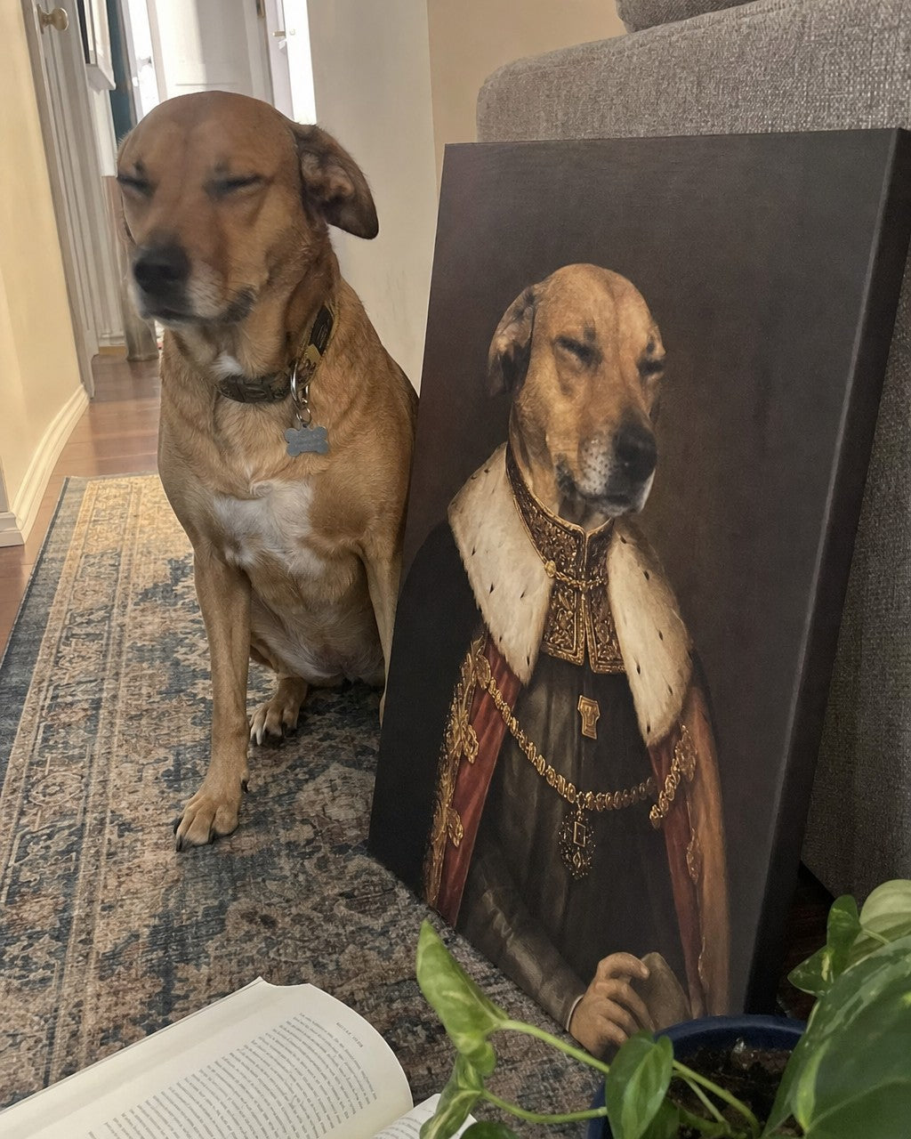 A calm living room with a canvas portrait of a dog on the wall