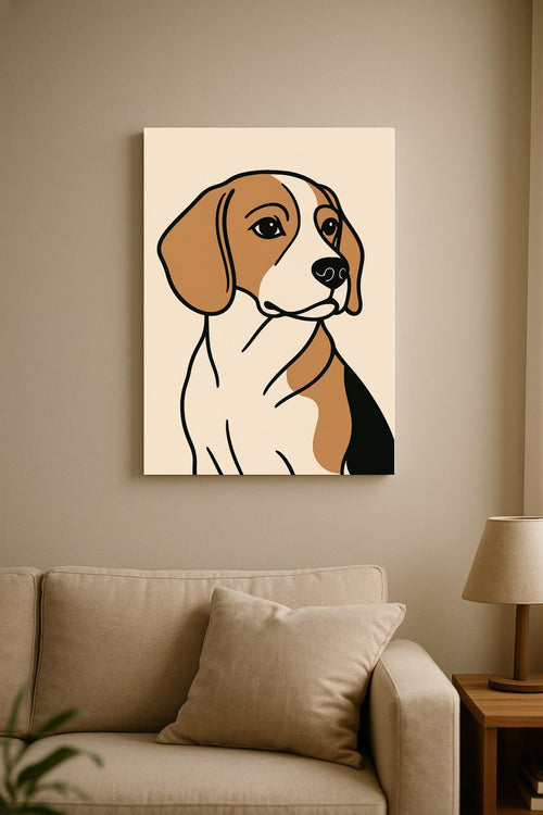 Bold line pet portrait on canvas, hung in a living room