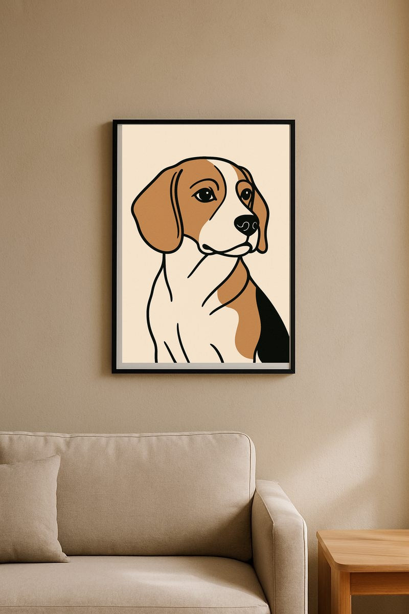 Framed bold line pet portrait styled on a wall