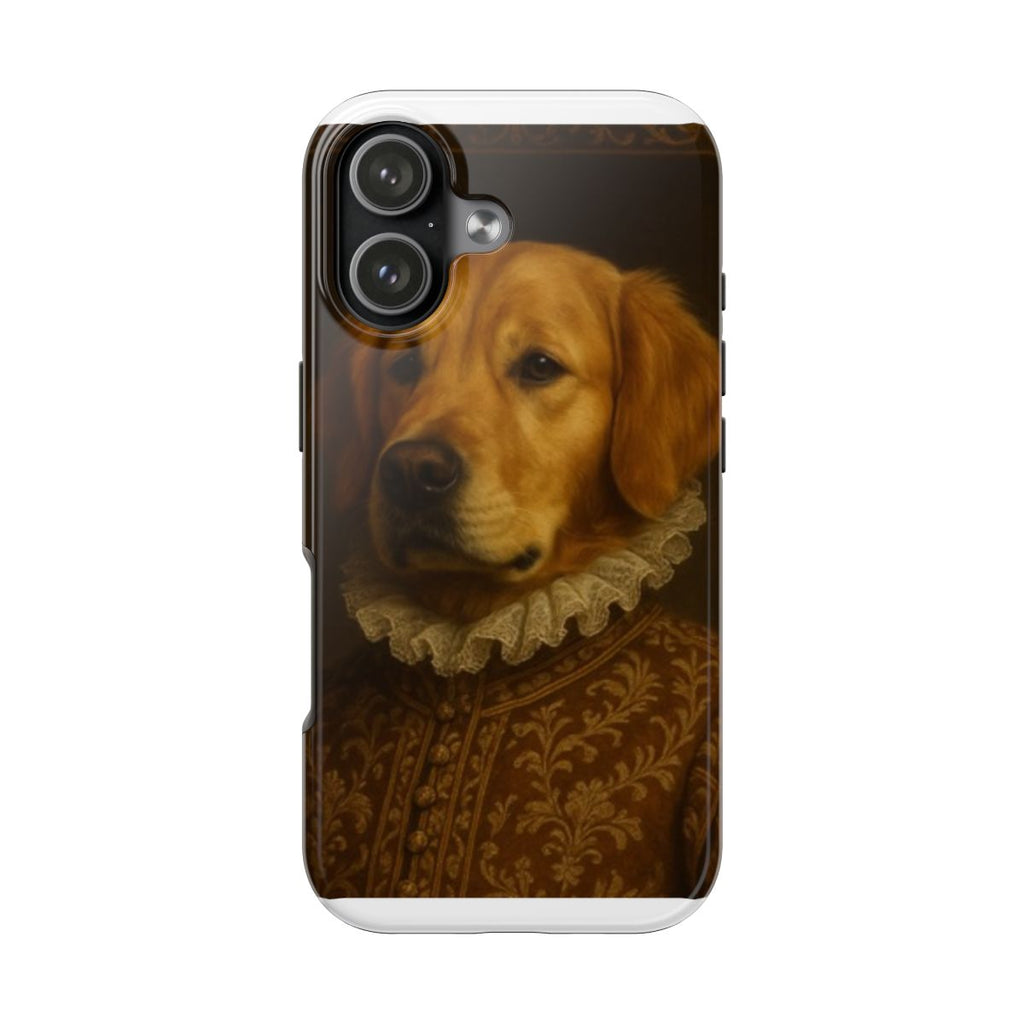 Custom pet portrait iPhone tough case — full-bleed painted portrait (real product photo)