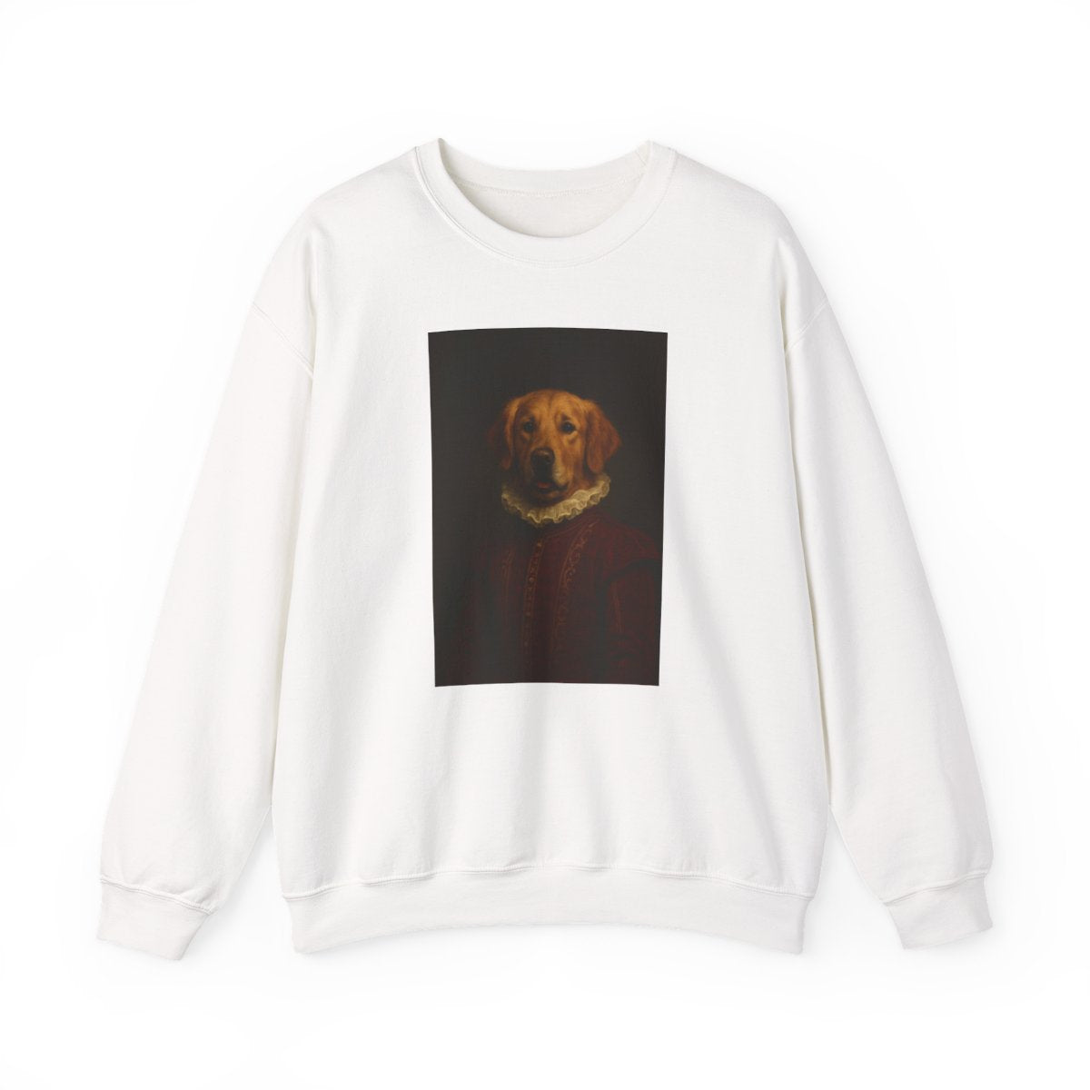 Renaissance pet portrait printed on a white crewneck sweatshirt