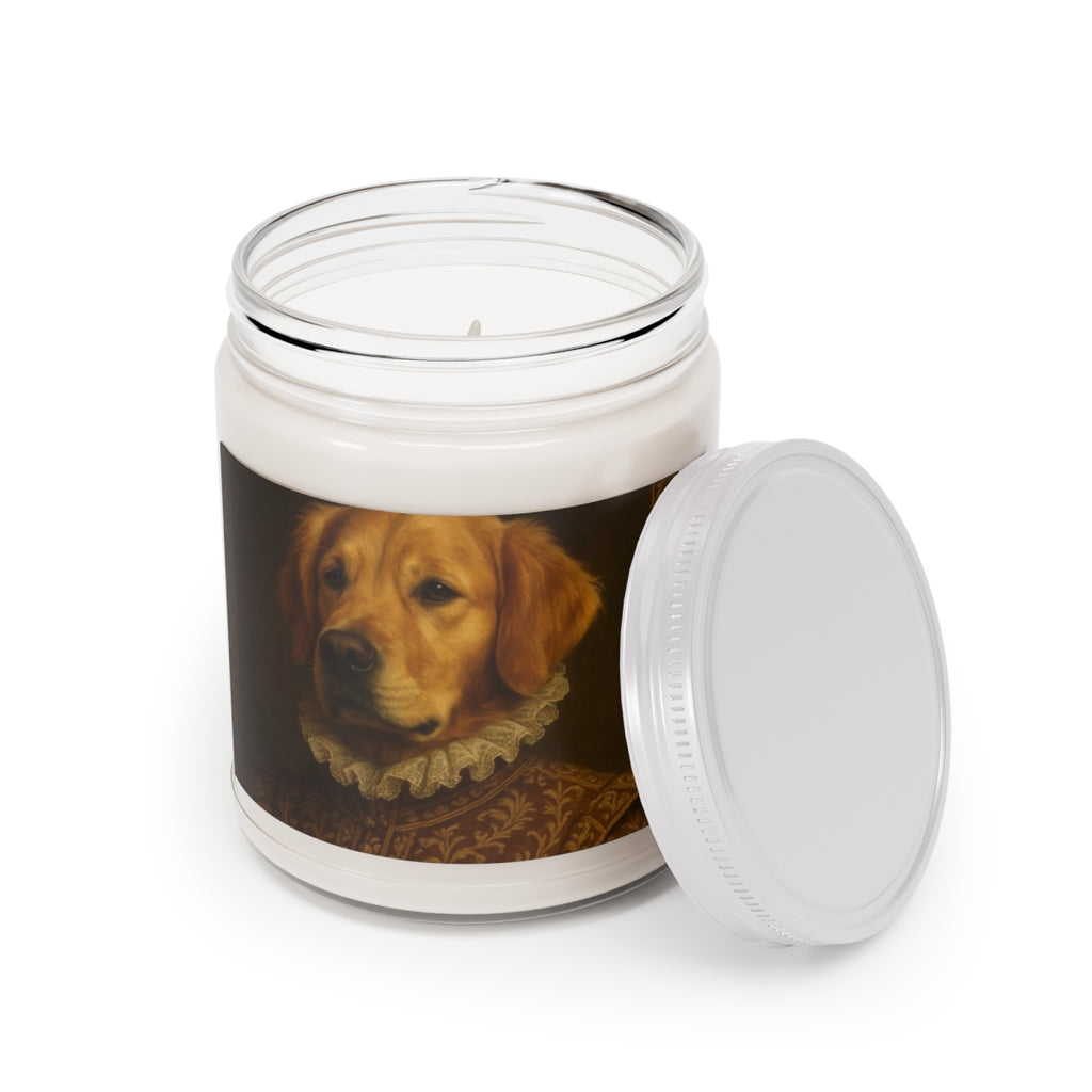Pet portrait soy candle with the lid off