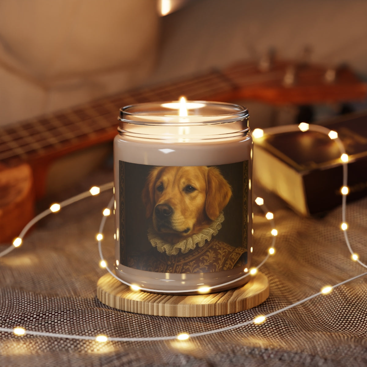 Pet portrait candle on a shelf