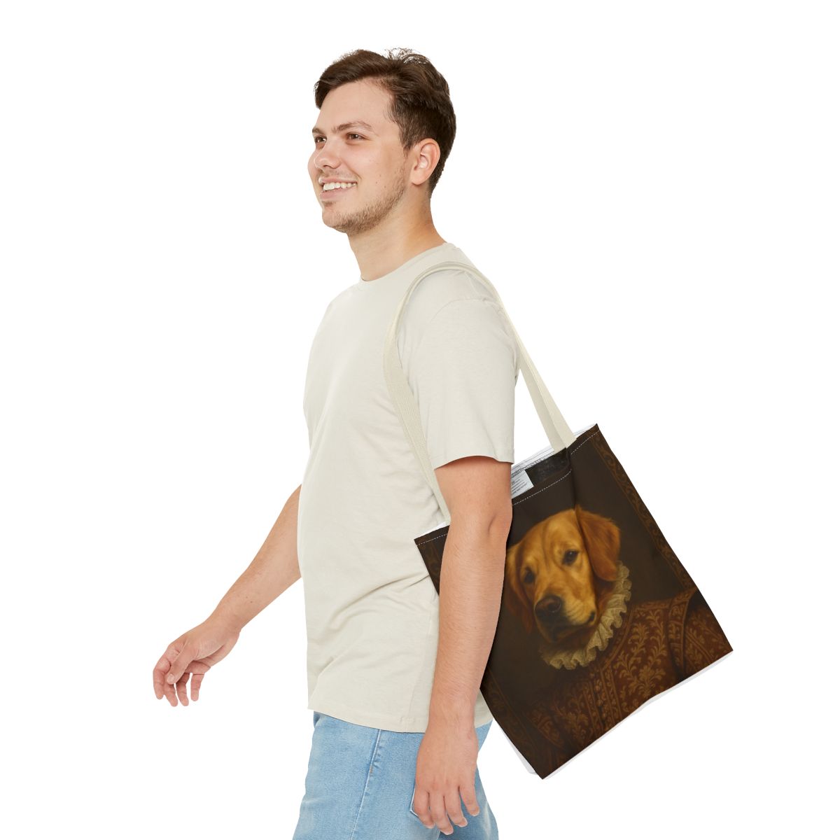 Pet portrait tote bag carried over the shoulder