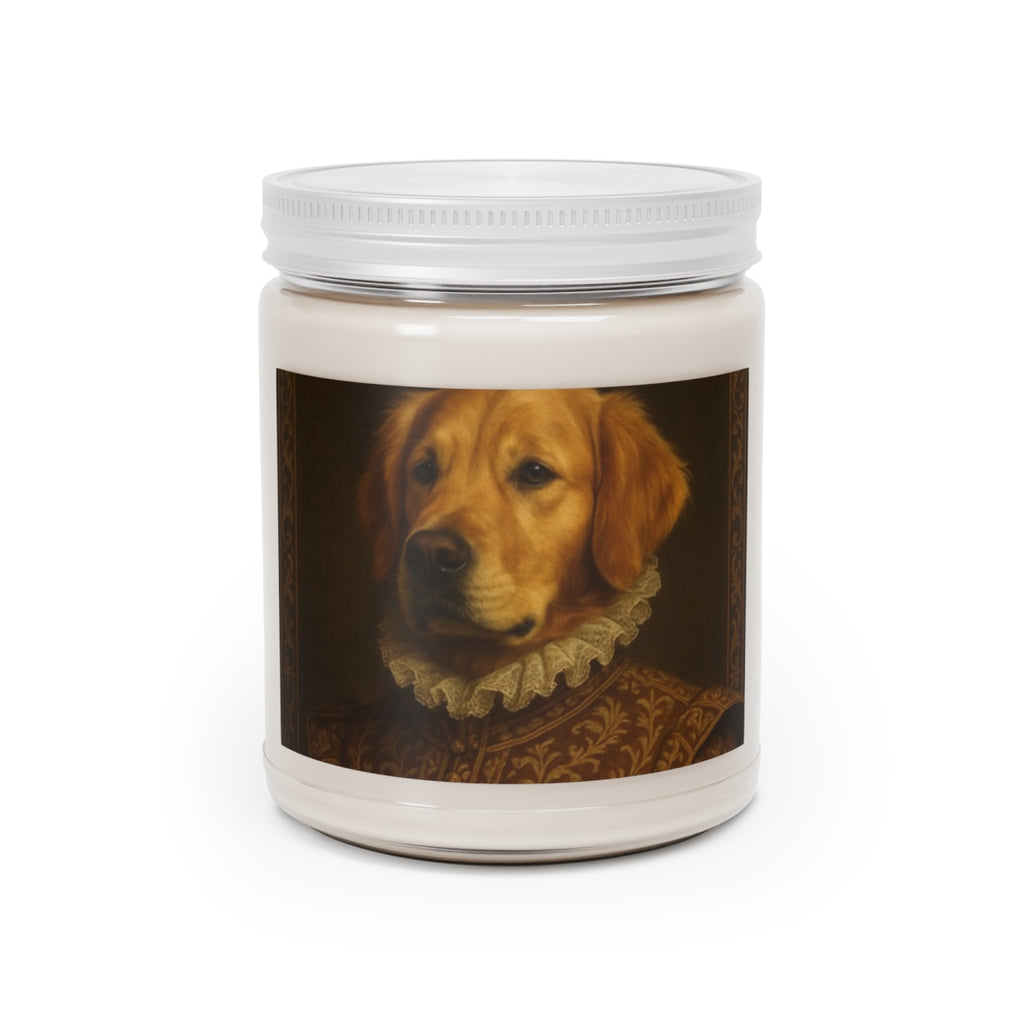 Custom pet portrait soy candle — painted portrait label on a 9oz jar