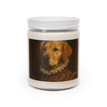 Custom pet portrait soy candle — painted portrait label on a 9oz jar