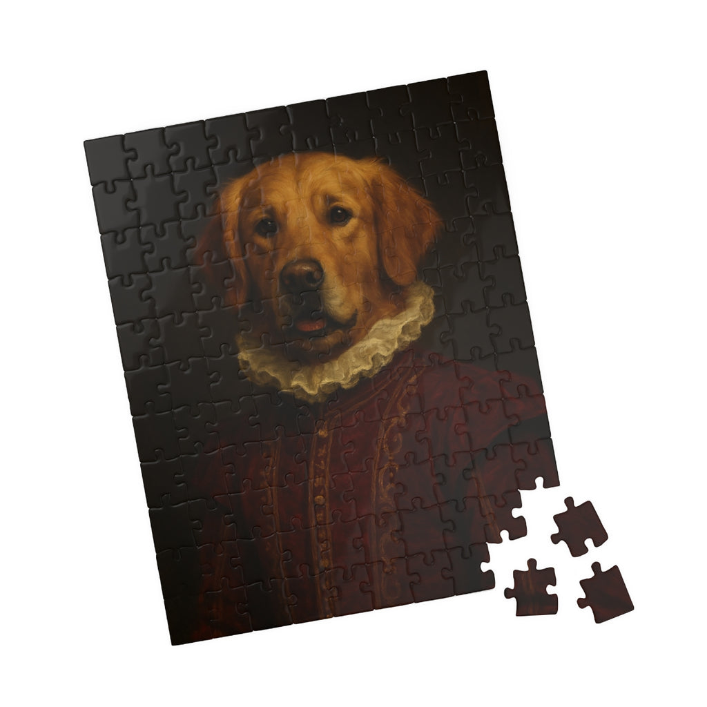 Custom renaissance pet portrait jigsaw puzzle, partly assembled