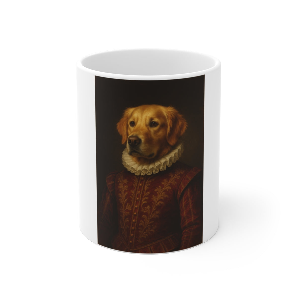 Royal Keepsake Mug — renaissance pet portrait, full pet centered on mug