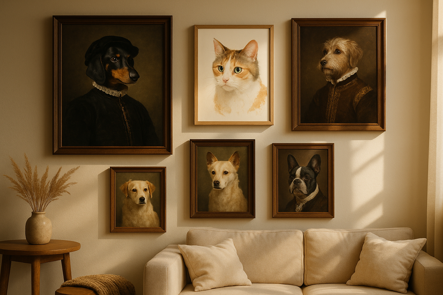 A cozy gallery wall of framed custom pet portraits