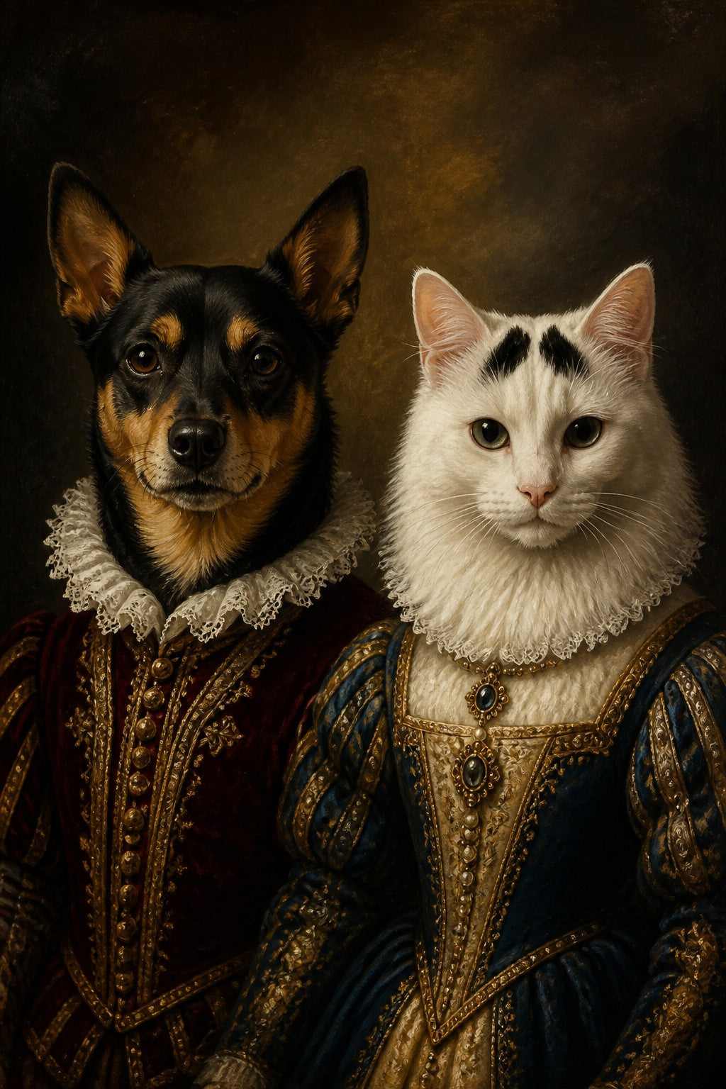 A dog and a cat painted together as renaissance royalty in one group portrait