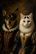 A dog and a cat painted together as renaissance royalty in one group portrait