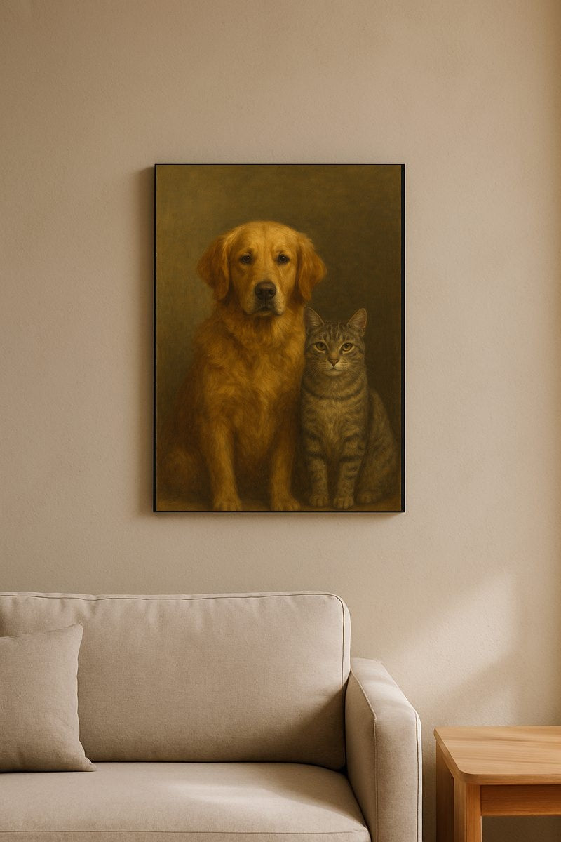 Multi-pet portrait framed print on a wall