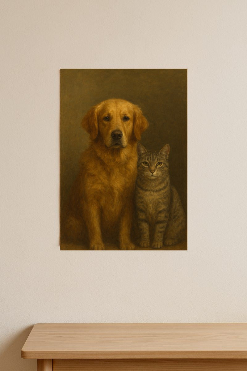 Multi-pet portrait poster print on a wall
