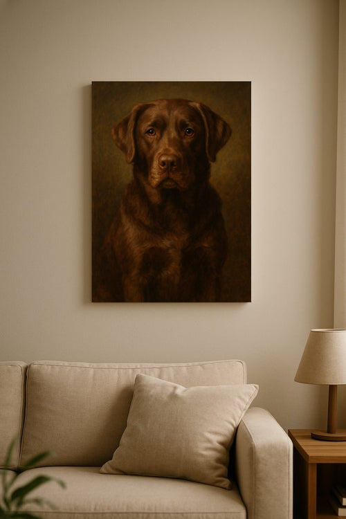 Classic oil pet portrait on canvas, hung in a living room
