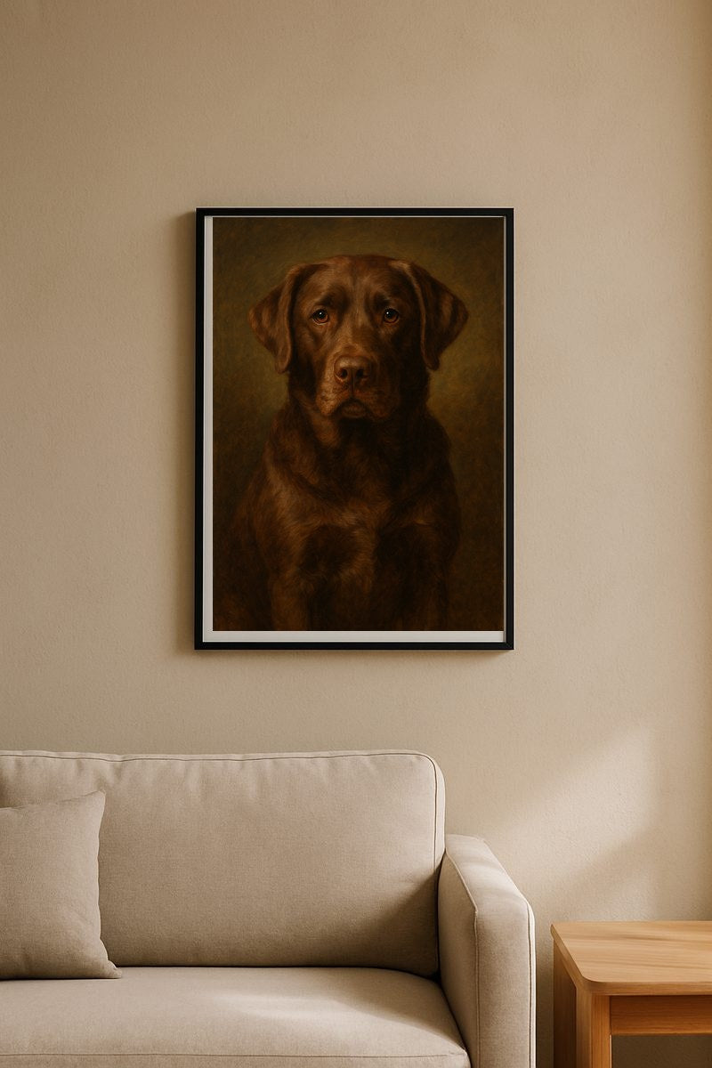 Framed classic oil pet portrait styled on a wall