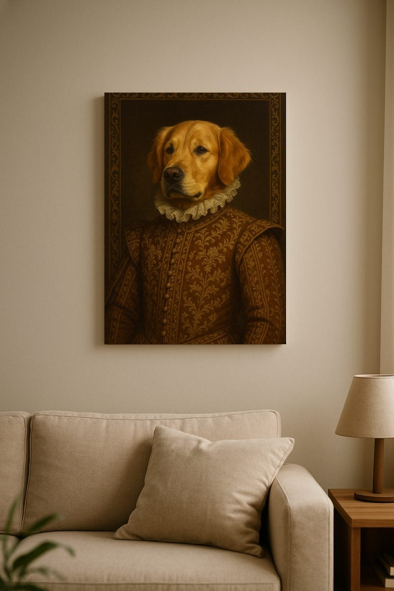 Renaissance pet portrait on canvas, hung in a living room