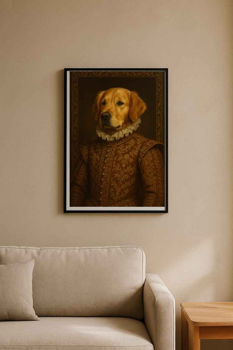 Framed Renaissance pet portrait styled on a wall