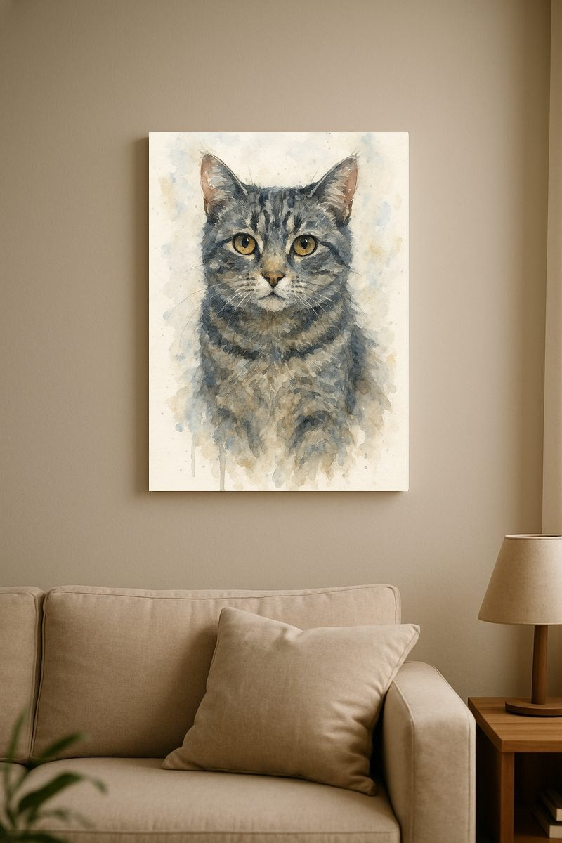 Modern watercolour pet portrait on canvas, hung in a living room