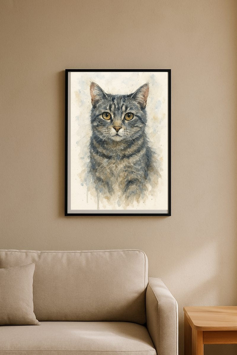Framed modern watercolour pet portrait styled on a wall